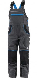 CXS PHOENIX CASPER detské nohavice s náprsenkou sivé s čiernými a modrými doplnkami