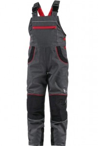 CXS PHOENIX CASPER detské nohavice s náprsenkou sivé s čiernými a červenými doplnkami